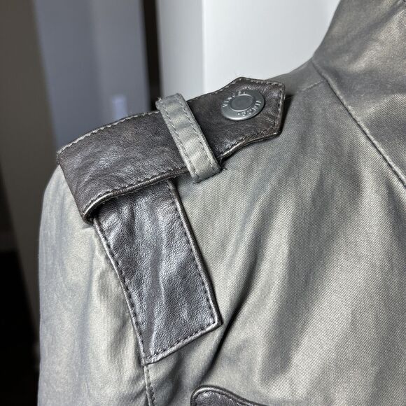 Vince Army Green Gray Waxed Cotton Leather Trim Utility Jacket Size Sm Epaulette - Picture 4 of 14